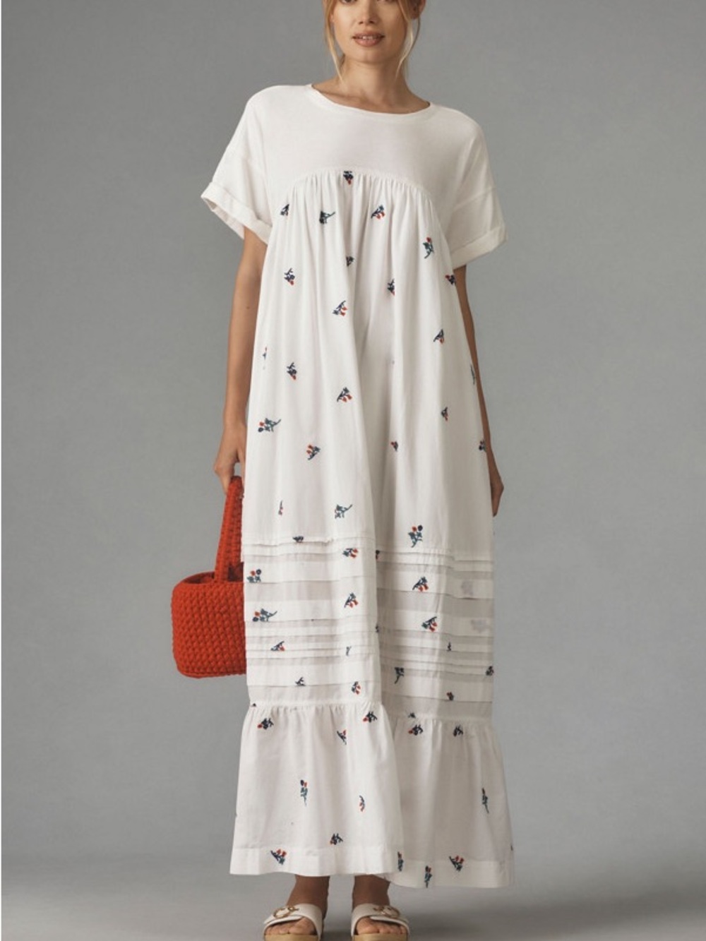 Anthropologie Pilcro White Floral Embroidered Short-Sleeve Maxi Dress